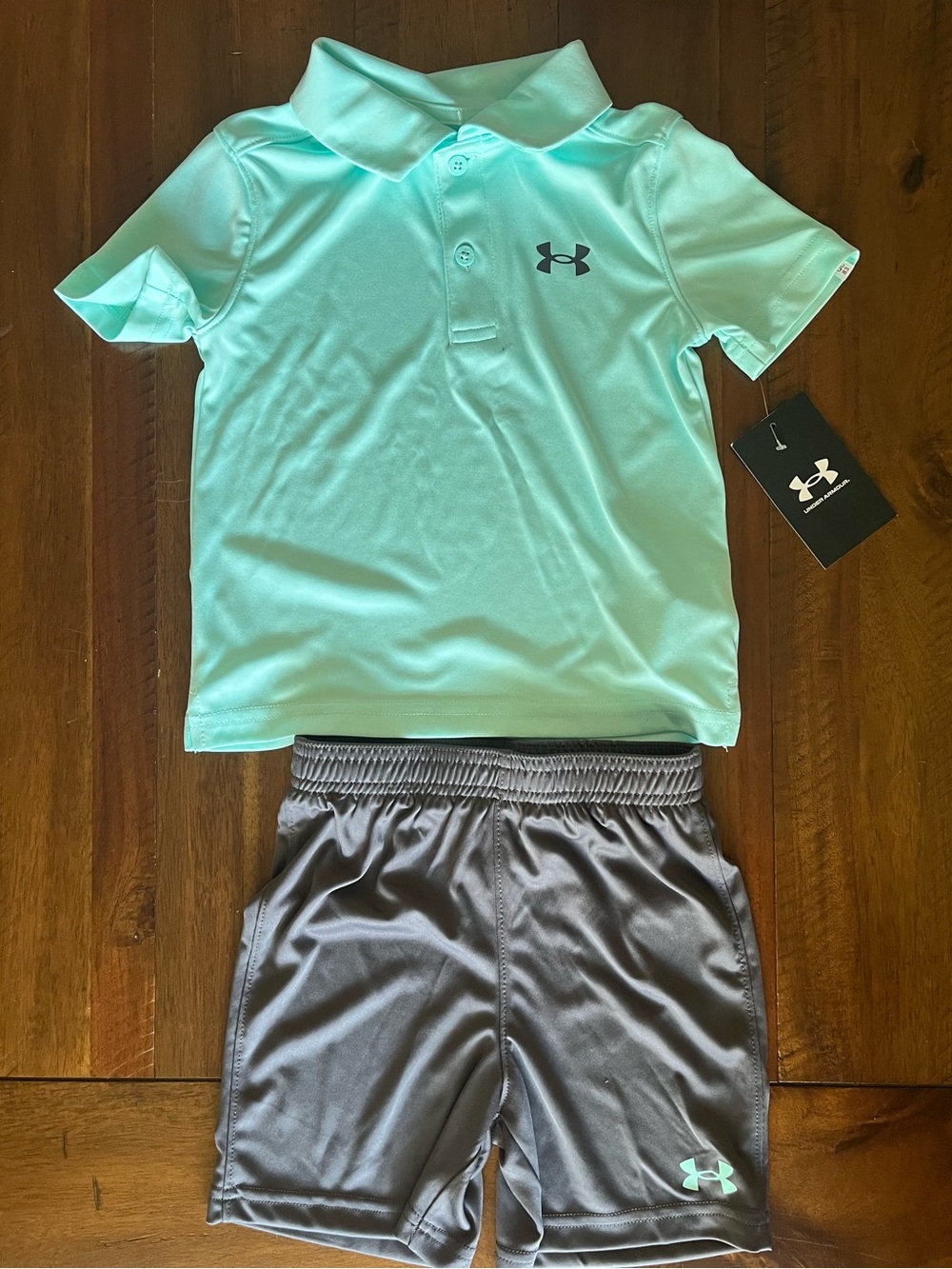 NWT Under Armour Light Blue Polo Top with Gray Athletic Shorts Set